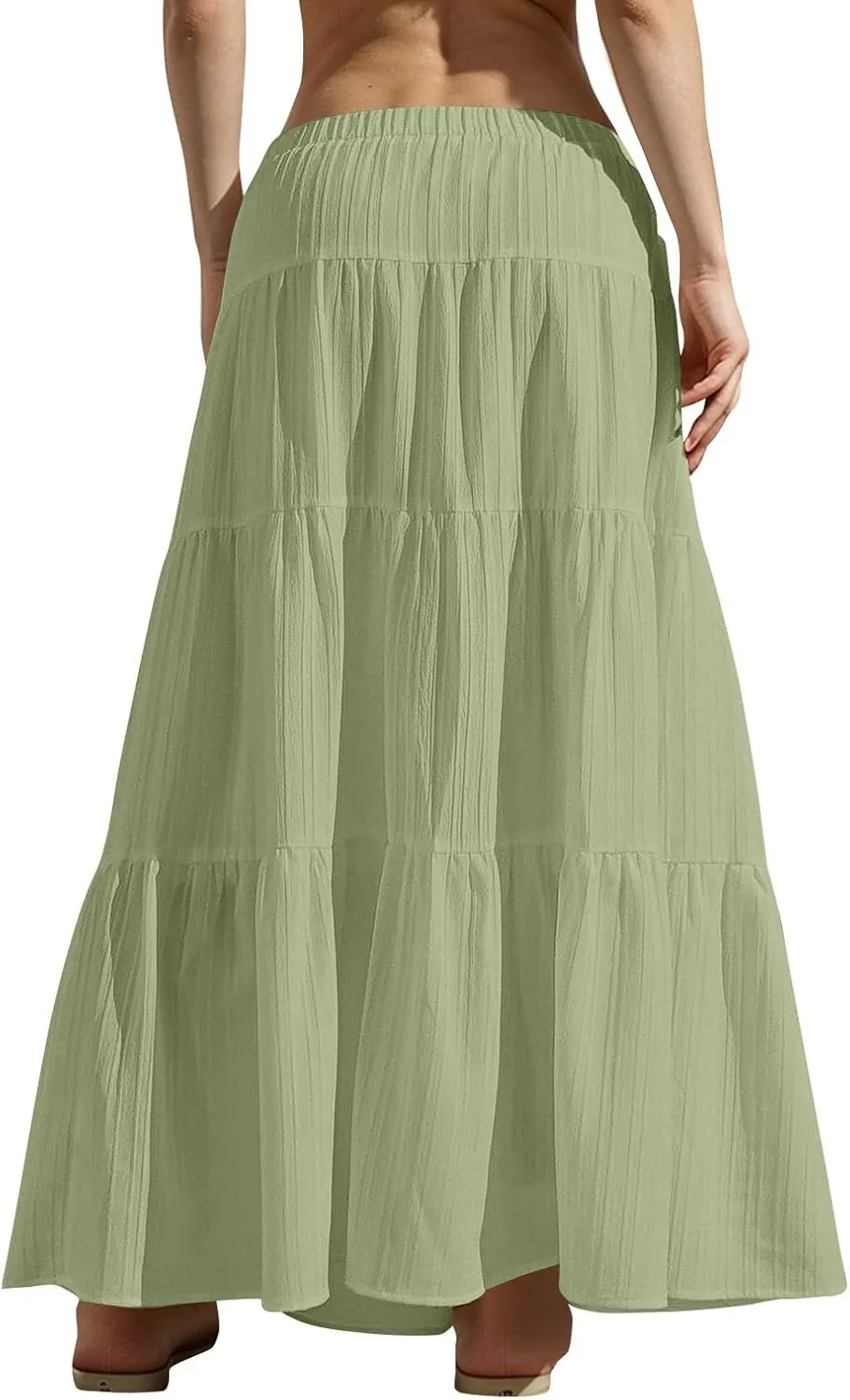 Womens Summer Boho Flowy Swing Tiered A-Line Maxi Skirt 2025 Fashion Trendy Elastic Waist Pleated Long Beach Dress