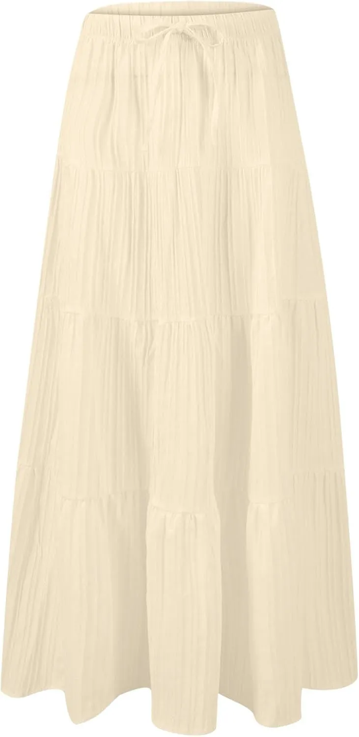 Womens Summer Boho Flowy Swing Tiered A-Line Maxi Skirt 2025 Fashion Trendy Elastic Waist Pleated Long Beach Dress