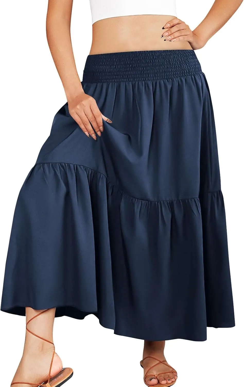 Womens Summer Boho Flowy Swing Tiered A-Line Maxi Skirt 2025 Fashion Trendy Elastic Waist Pleated Long Beach Dress