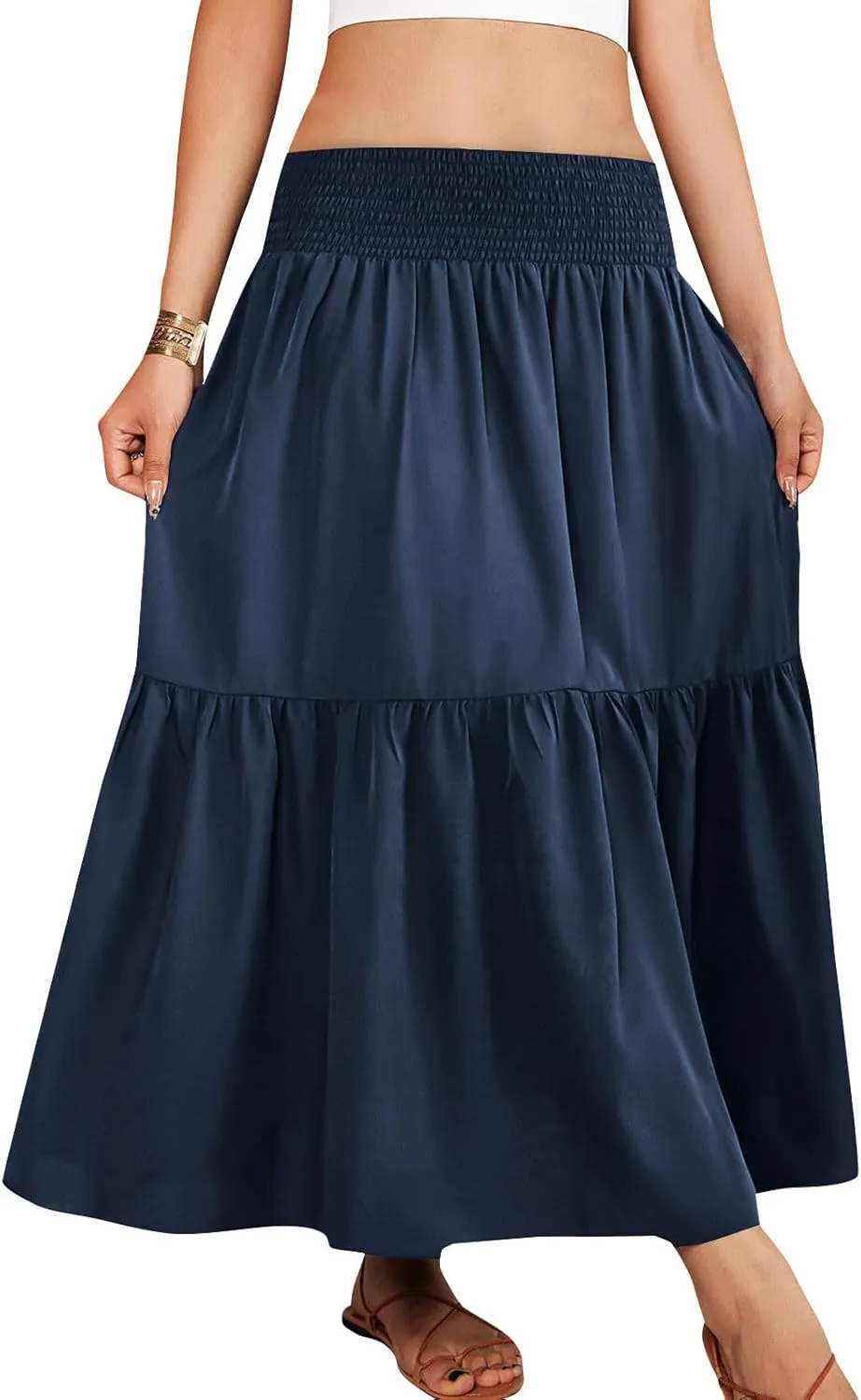 Womens Summer Boho Flowy Swing Tiered A-Line Maxi Skirt 2025 Fashion Trendy Elastic Waist Pleated Long Beach Dress