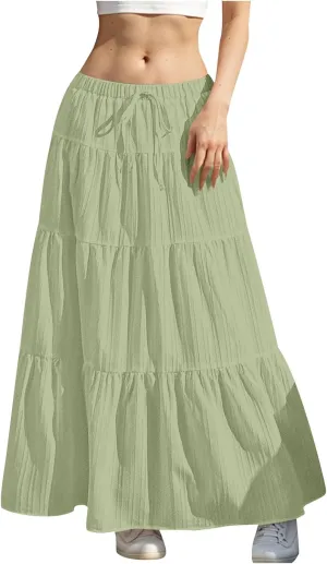 Womens Summer Boho Flowy Swing Tiered A-Line Maxi Skirt 2025 Fashion Trendy Elastic Waist Pleated Long Beach Dress
