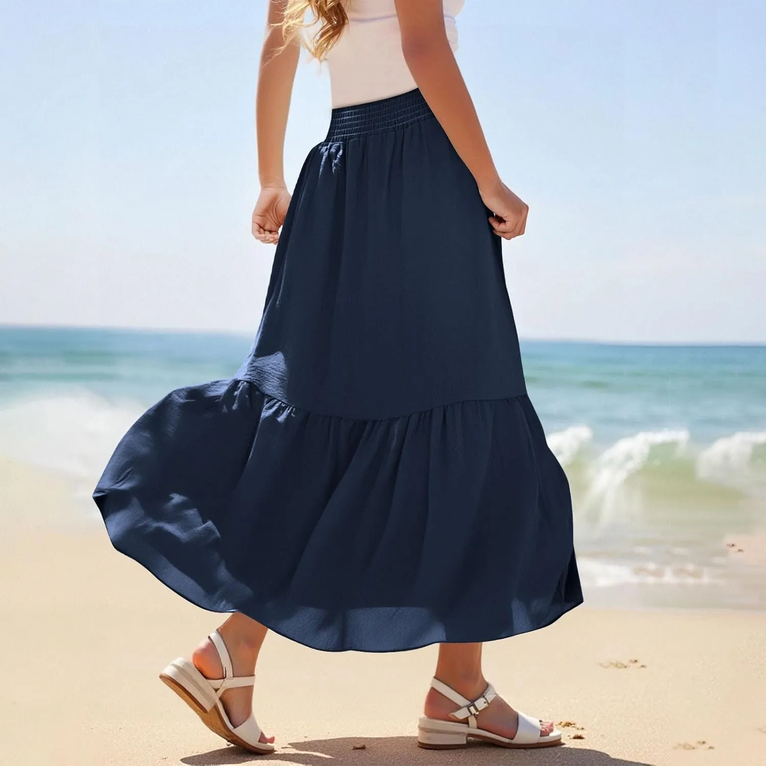 Womens Summer Boho Flowy Swing Tiered A-Line Maxi Skirt 2025 Fashion Trendy Elastic Waist Pleated Long Beach Dress