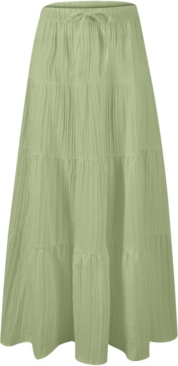 Womens Summer Boho Flowy Swing Tiered A-Line Maxi Skirt 2025 Fashion Trendy Elastic Waist Pleated Long Beach Dress