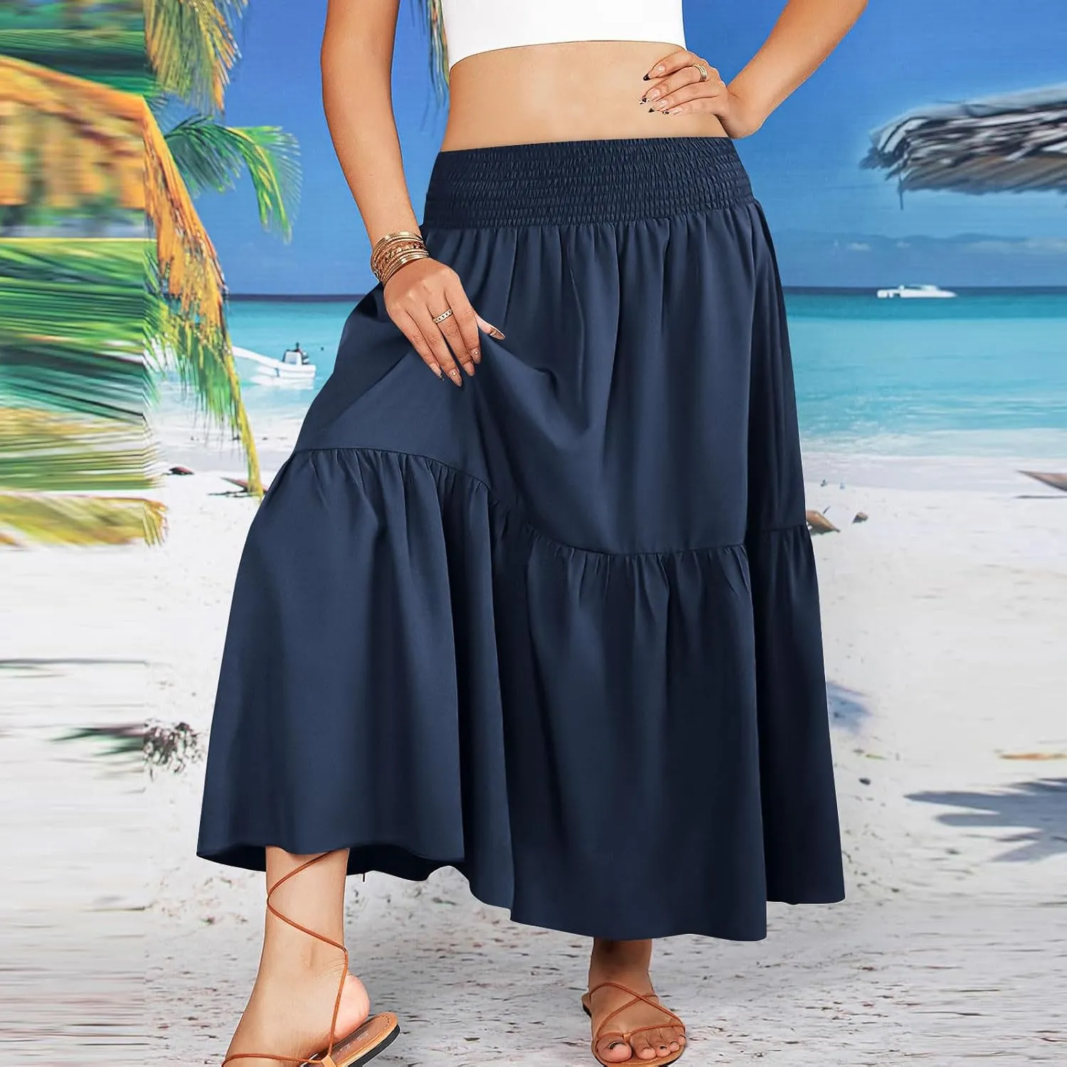 Womens Summer Boho Flowy Swing Tiered A-Line Maxi Skirt 2025 Fashion Trendy Elastic Waist Pleated Long Beach Dress