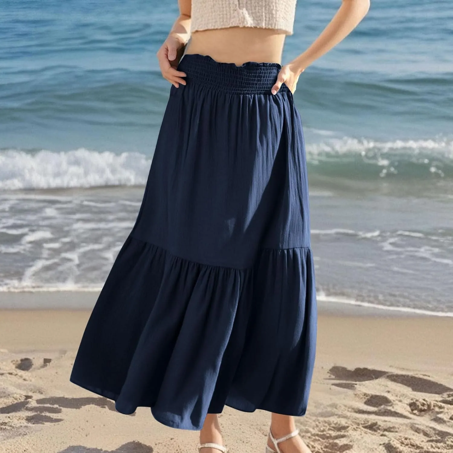 Womens Summer Boho Flowy Swing Tiered A-Line Maxi Skirt 2025 Fashion Trendy Elastic Waist Pleated Long Beach Dress