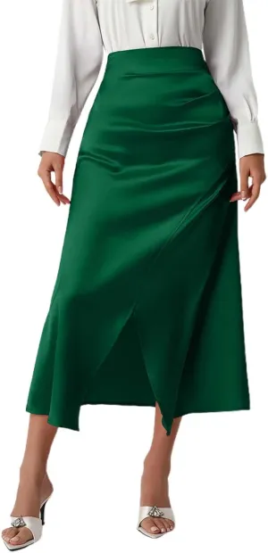Womens Summer Skirt 2025 Silk Elegant High Waist Cocktail Party Wedding Split Midi Skirt Satin Maxi Skirts