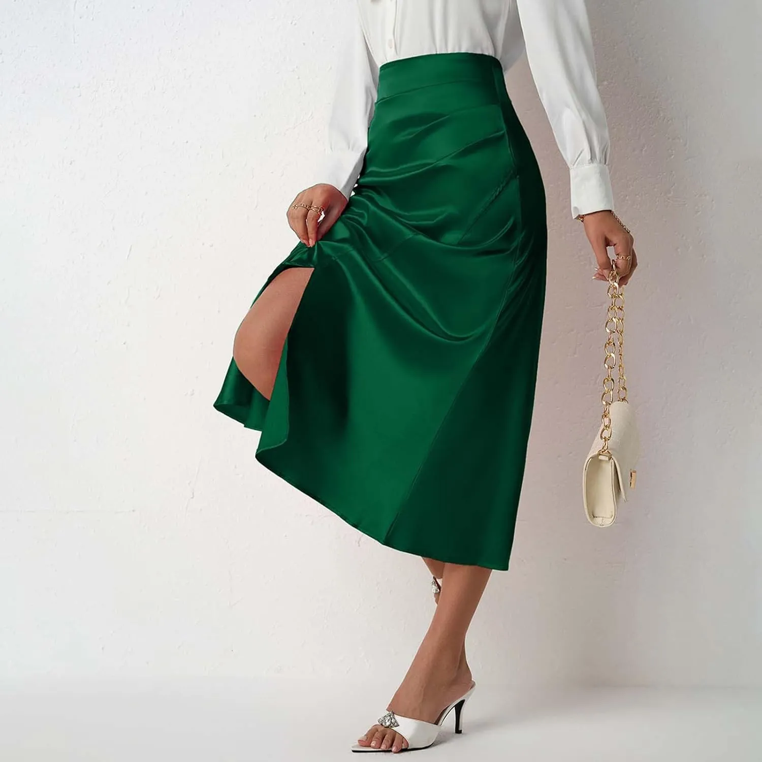 Womens Summer Skirt 2025 Silk Elegant High Waist Cocktail Party Wedding Split Midi Skirt Satin Maxi Skirts
