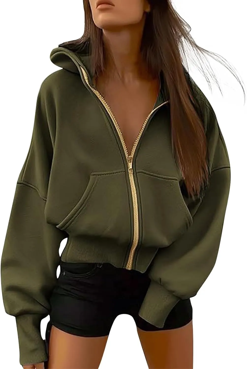 Womens Zip Up Hoodies Y2k Oversized Cropped Sweatshirt Fall Fleece Jackets Casual Comfy Cute Trendy Teen Hoodies