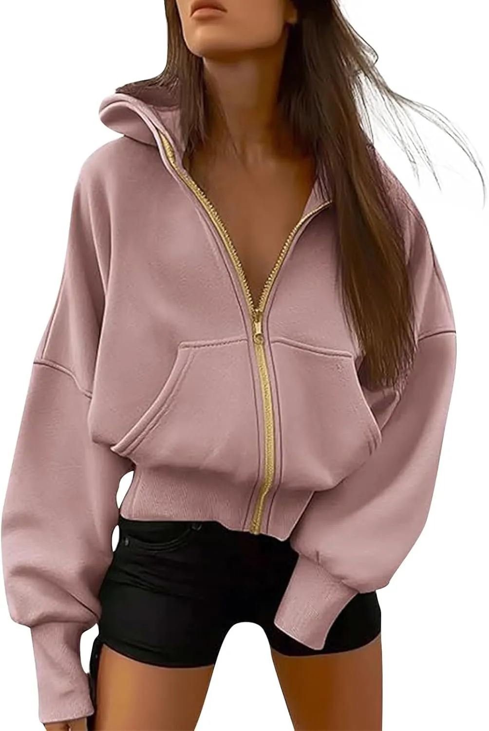 Womens Zip Up Hoodies Y2k Oversized Cropped Sweatshirt Fall Fleece Jackets Casual Comfy Cute Trendy Teen Hoodies