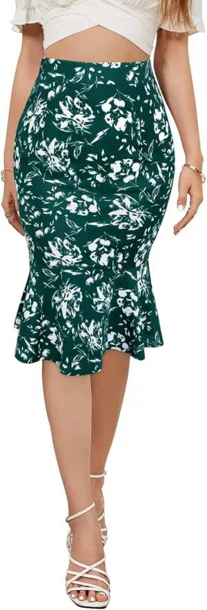 YATHON Pencil Skirt Midi Length for Women High Waist Stretch Work Casual Patterned Mermaid Skirts