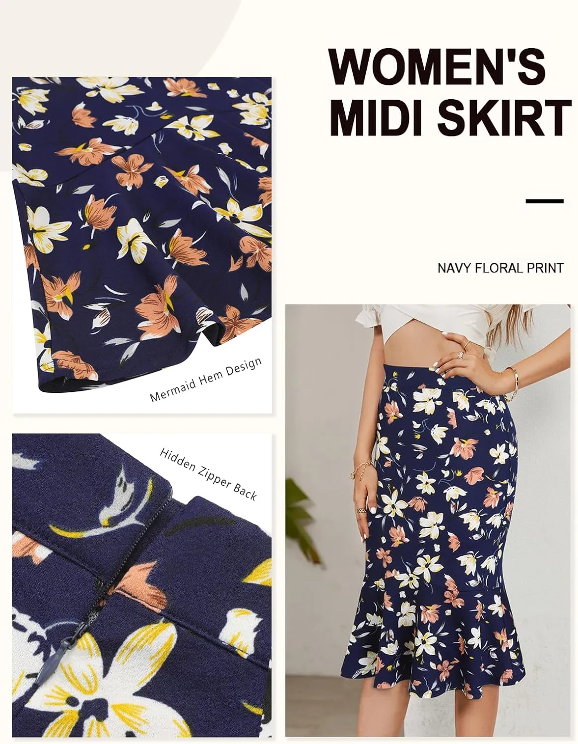YATHON Pencil Skirt Midi Length for Women High Waist Stretch Work Casual Patterned Mermaid Skirts