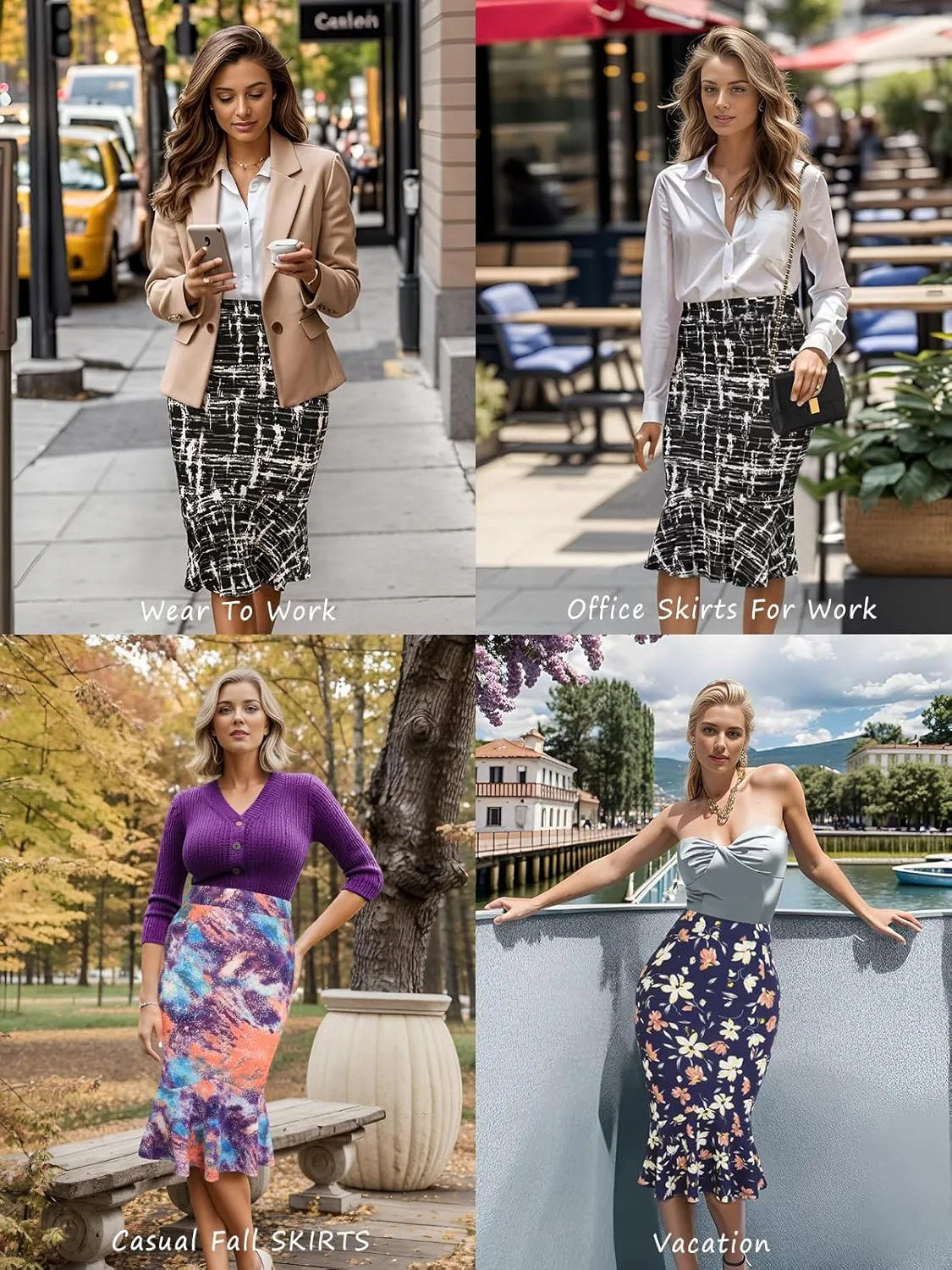 YATHON Pencil Skirt Midi Length for Women High Waist Stretch Work Casual Patterned Mermaid Skirts