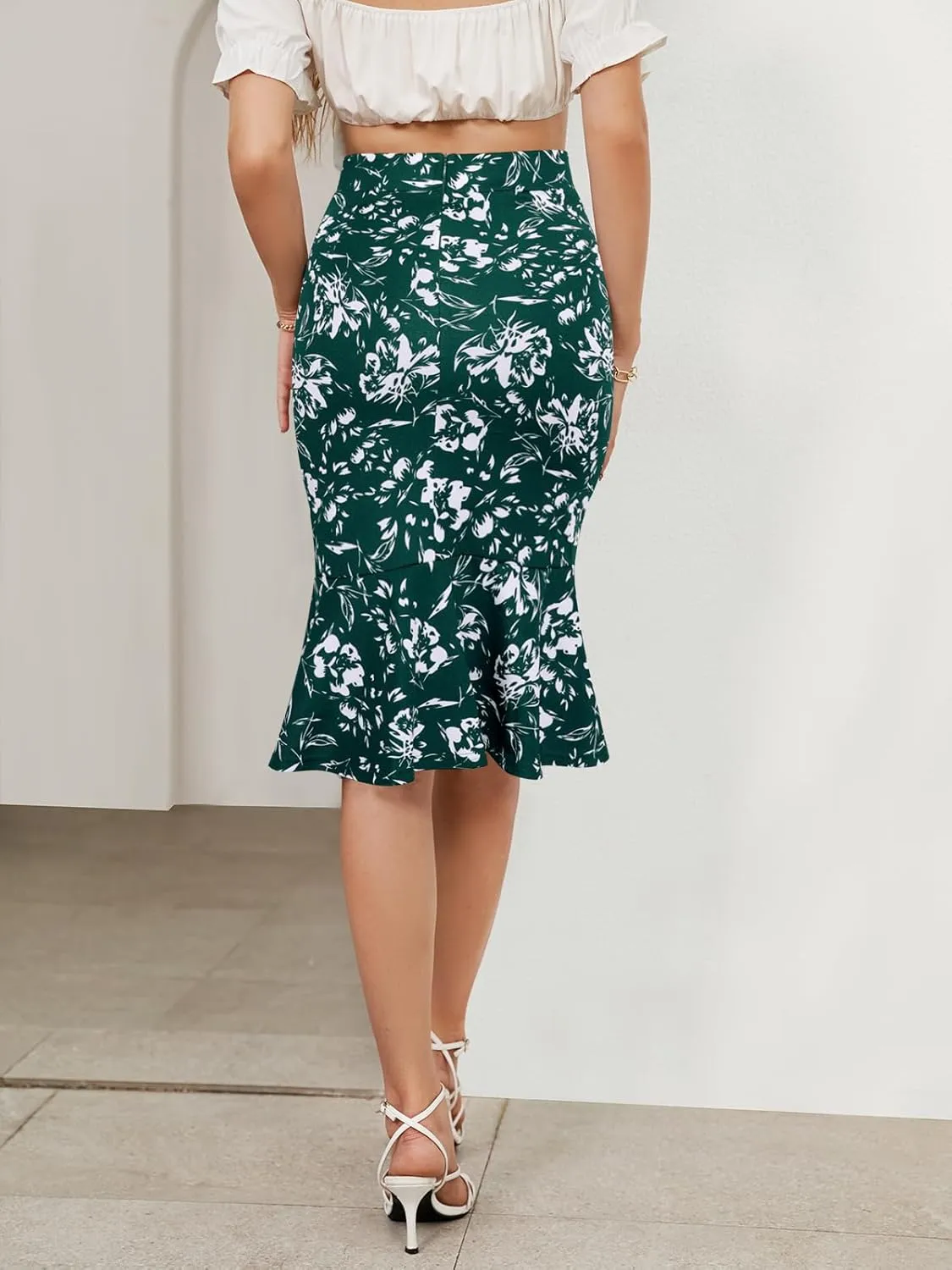 YATHON Pencil Skirt Midi Length for Women High Waist Stretch Work Casual Patterned Mermaid Skirts