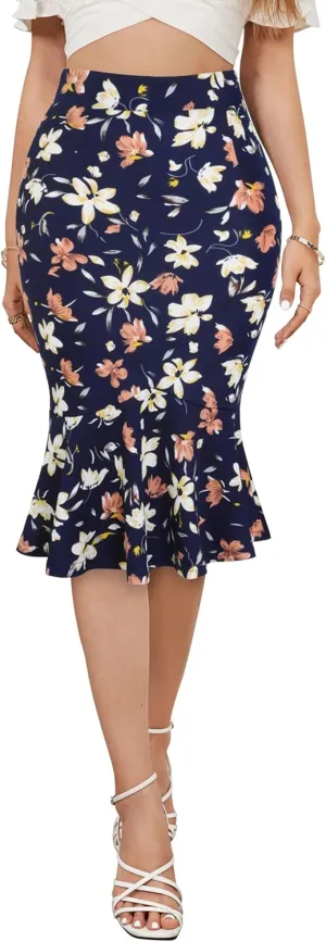 YATHON Pencil Skirt Midi Length for Women High Waist Stretch Work Casual Patterned Mermaid Skirts