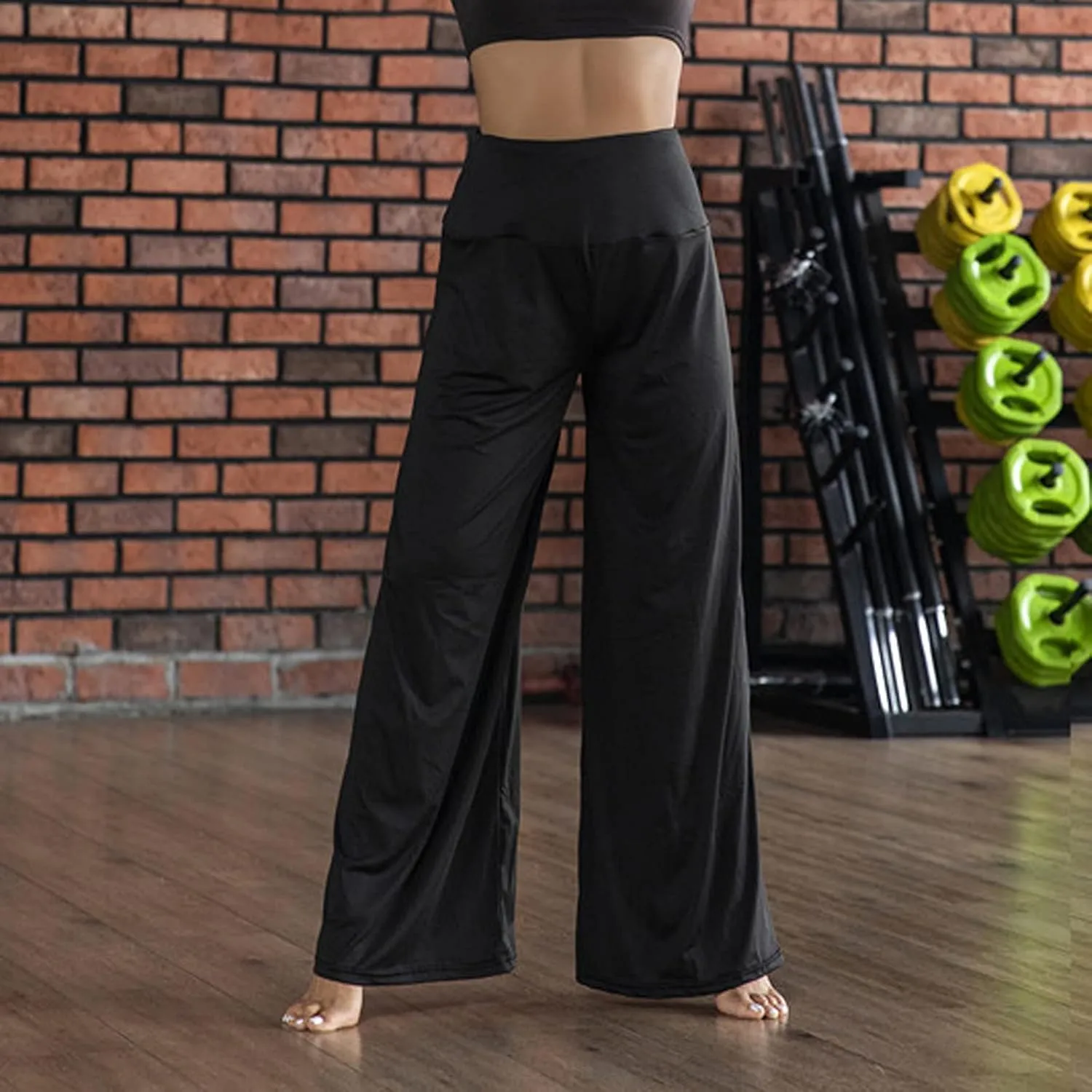 YOLAI High Waist Wide Leg Pants for Women Loose Solid Color Comfy Stretch Trousers Yoga Palazzo Exercise Pants (Black, L)