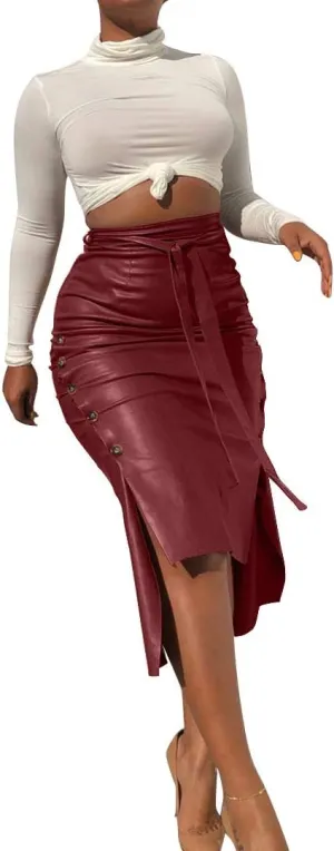Yuopeid Sexy Leather Skirt for Women High Waist Straps Slim Hip Side Button Split Bodycon Back Zipper Pleated Midi Skirt