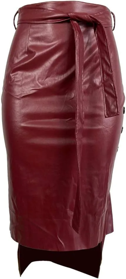 Yuopeid Sexy Leather Skirt for Women High Waist Straps Slim Hip Side Button Split Bodycon Back Zipper Pleated Midi Skirt