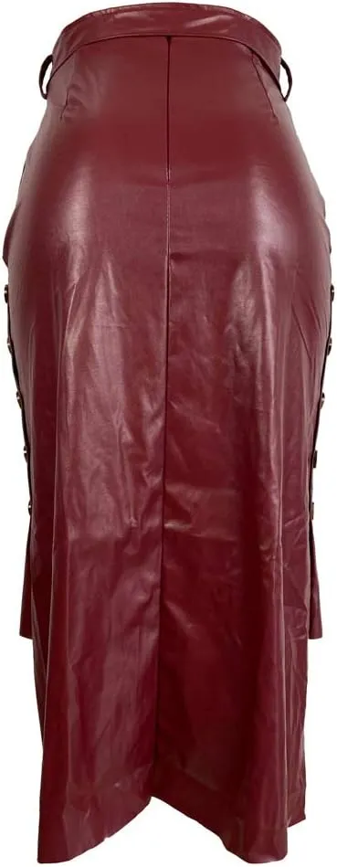 Yuopeid Sexy Leather Skirt for Women High Waist Straps Slim Hip Side Button Split Bodycon Back Zipper Pleated Midi Skirt