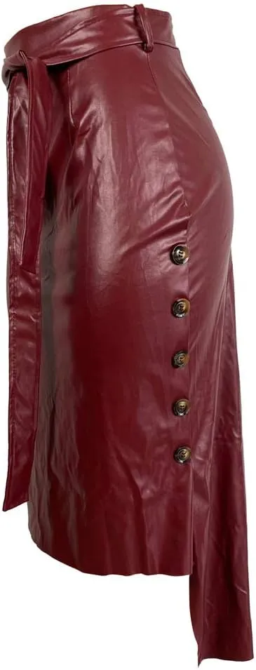 Yuopeid Sexy Leather Skirt for Women High Waist Straps Slim Hip Side Button Split Bodycon Back Zipper Pleated Midi Skirt