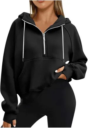 Zip Up Hoodie Women Cropped Long Sleeve Sweatshirts Trendy Pockets Jackets Spring Fall Daily Workout Pullover Tops
